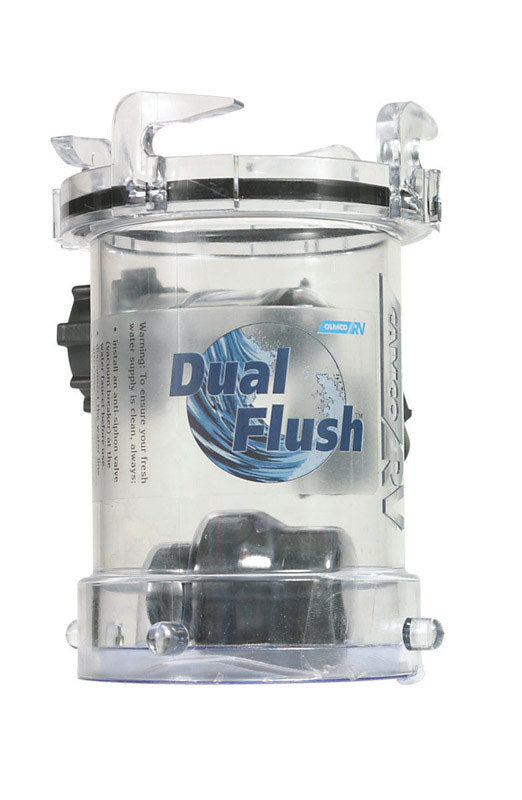 Emery Jensen RV Dual Flush valve for RV toilet, replacement part in a compact, white plastic design.