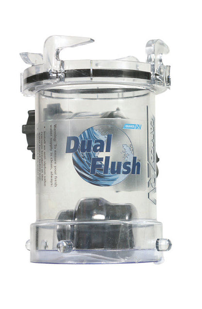 Emery Jensen RV Dual Flush valve for RV toilet, replacement part in a compact, white plastic design.