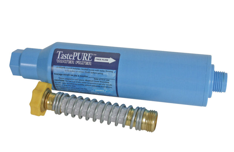Emery Jensen RV KDF water filter for RV parts and accessories, shown with cylindrical design and inlet/outlet fittings.