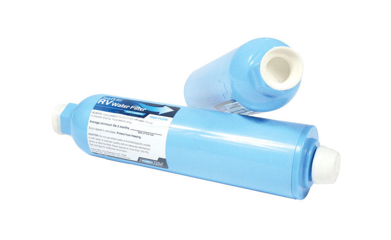 Emery Jensen RV KDF Water Filter 2-Pack for RV water filtration system, showing two cylindrical filters with brand labeling.