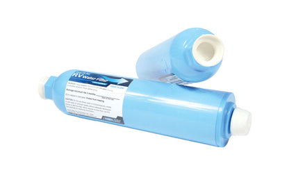 Emery Jensen RV KDF Water Filter 2-Pack for RV water filtration system, showing two cylindrical filters with brand labeling.