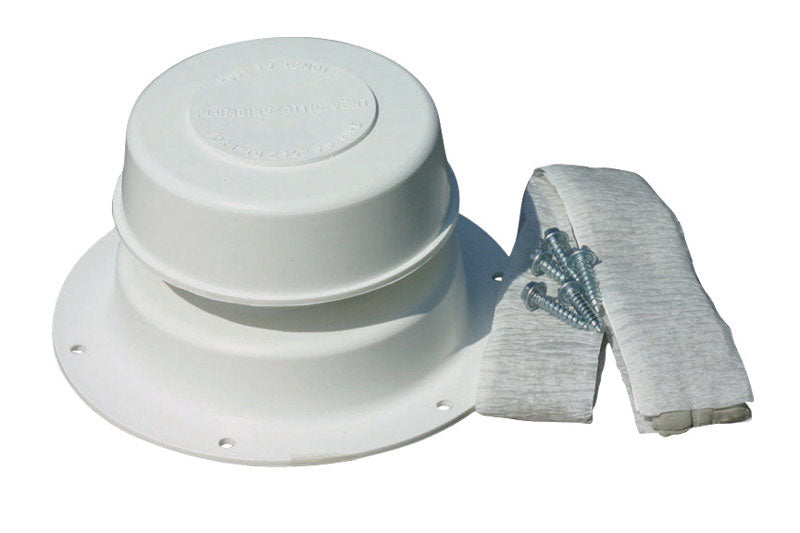 Emery Jensen RV plumbing vent kit with plastic vent cap and mounting hardware for RV roof ventilation.