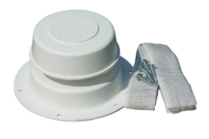 Emery Jensen RV plumbing vent kit with white vent cover and tubing for RV roof vent installation and ventilation.