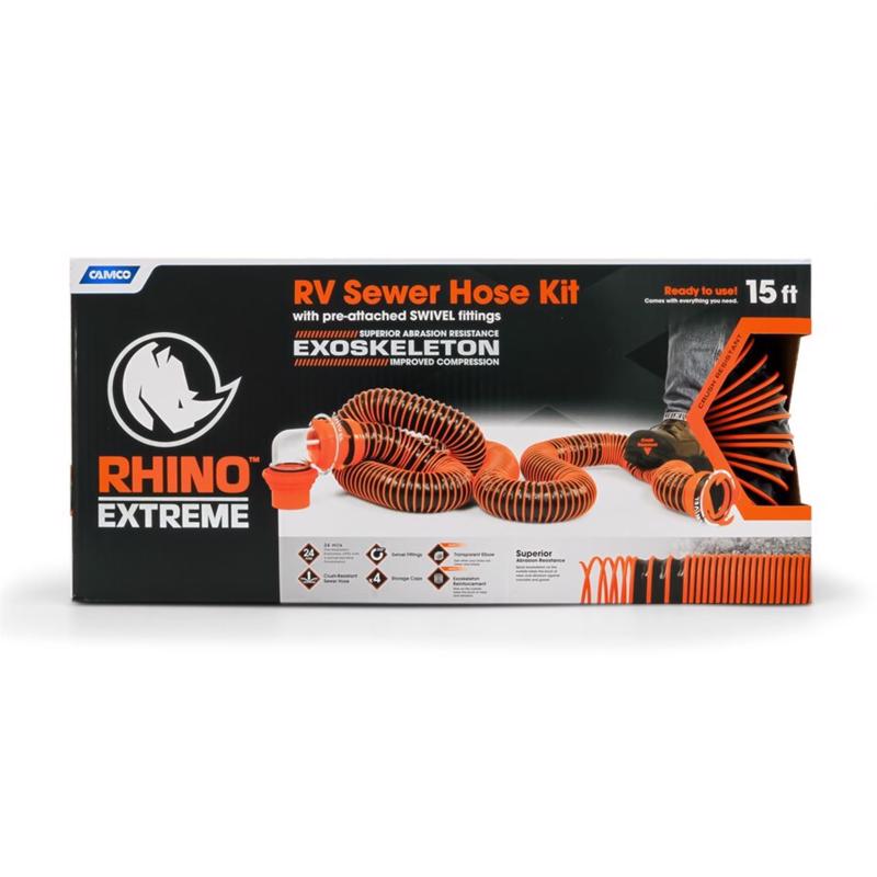 Emery Jensen RV sewer hose kit, 15 feet long, with durable hoses and fittings for RV wastewater disposal.
