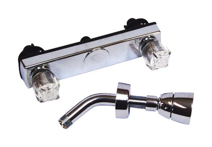 Chrome 8-inch RV shower faucet by Emery Jensen, mounted in an RV bathroom with visible shower fixtures and plumbing.