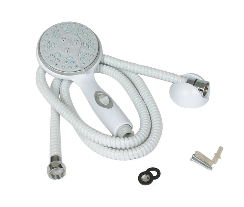 Emery Jensen RV shower head kit with chrome finish, includes shower head and hose for RV bathroom upgrade.