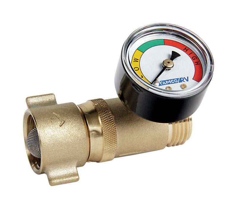 Emery Jensen RV water regulator with gauge, used for controlling water pressure in RV plumbing systems.