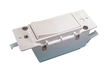 White electrical switch for RV by Emery Jensen, showing close-up of the switch with wiring and mounting details.
