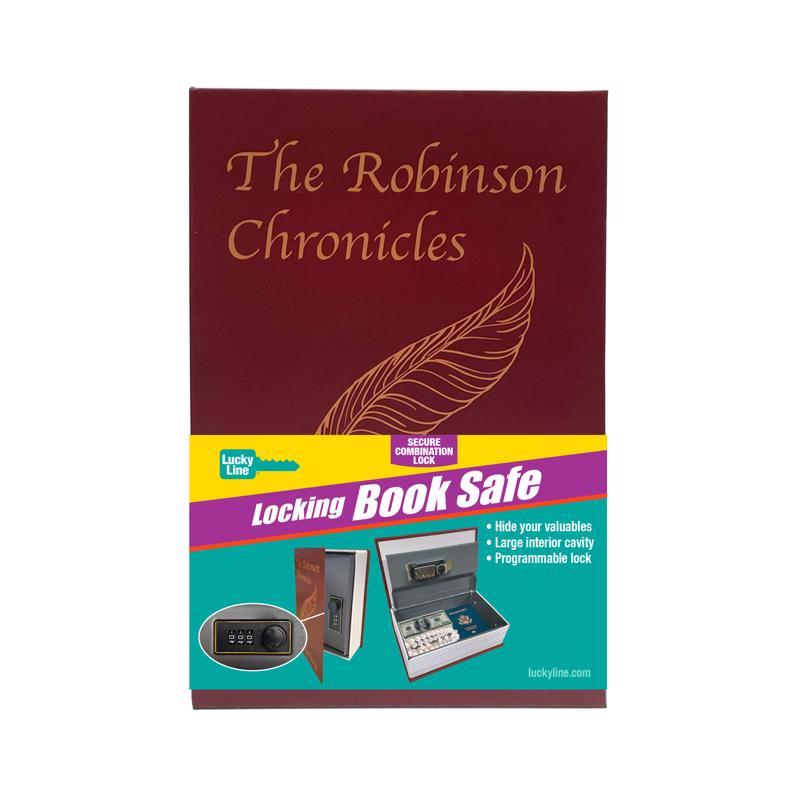 Emery Jensen book safe with combo lock, rectangular metal security safe designed to look like a book for discreet storage.