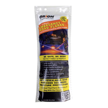 Emery Jensen flare safety kit with three red safety flares, each lasting 15 minutes, for roadside emergency visibility.