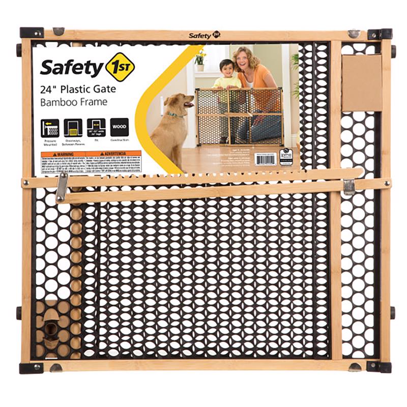 Emery Jensen child safety gate, 24 inches high, made of metal with secure locking mechanism for childproof safety in the home.
