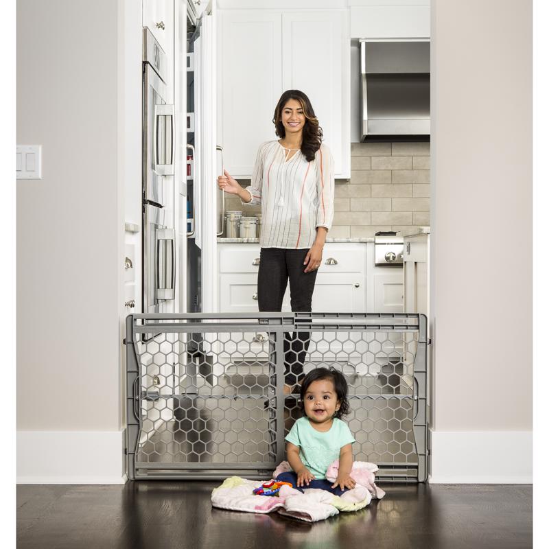 Gray 42-inch safety gate by Emery Jensen, made of plastic, designed to secure doorways and stairways for child safety.