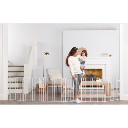 Emery Jensen metal safety gate, 144 inches wide, with secure latch and sturdy metal construction for child safety.