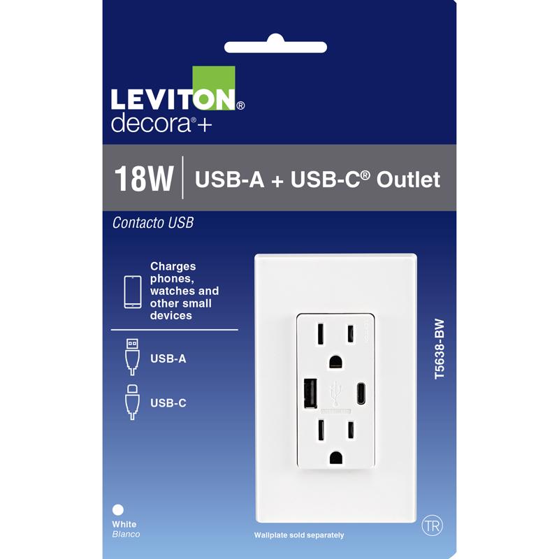 Emery Jensen safety receptacle with USB charging port, 125V, 5-15R type, designed for secure electrical connections.