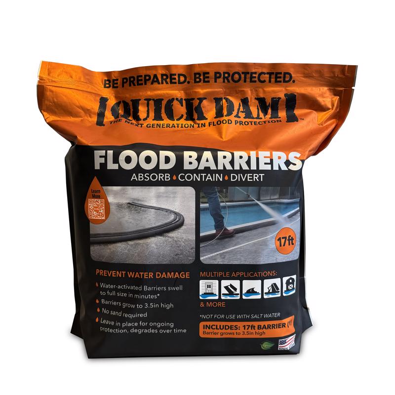 Emery Jensen 17ft flood barrier tube sand bags for flood protection, showing stacked sand-filled tubes ready for use