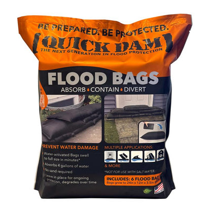 Set of six Emery Jensen flood barrier sand bags, tube sand for flood protection, durable and easy to position.