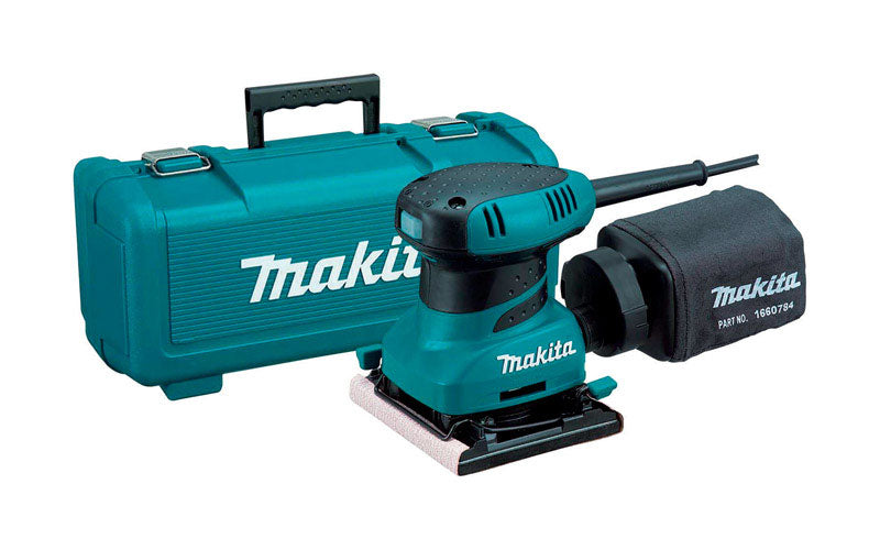 Emery Jensen 1/4 sheet sander with Makita brand label, featuring a compact design and sanding pad for woodworking projects.