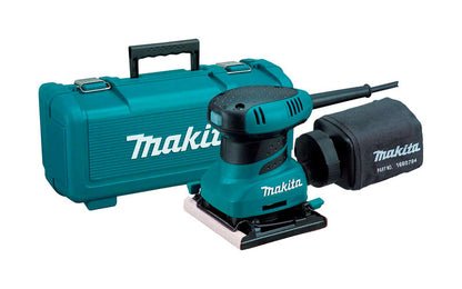 Emery Jensen 1/4 sheet sander with Makita brand label, featuring a compact design and sanding pad for woodworking projects.