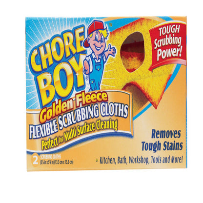 Emery Jensen Chore Boy Golden Fleece scouring pads for cleaning, shown in a package with yellow and white pads.