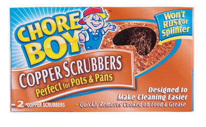 Two Emery Jensen ChoreBoy copper scouring pads for cleaning and scrubbing, shown in a close-up image.