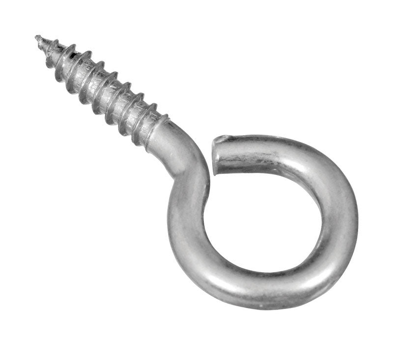 Six Emery Jensen screw eyes #8, 1-5/8 inches long, arranged in a row, showing the metal eyelet design for hanging or craft use.