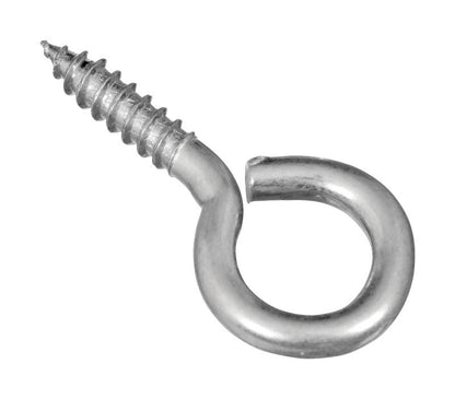 Six Emery Jensen screw eyes #8, 1-5/8 inches long, arranged in a row, showing the metal eyelet design for hanging or craft use.