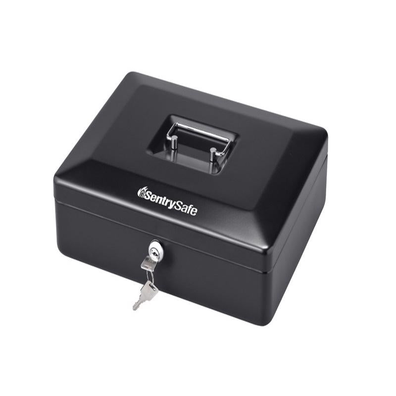 Black steel keyed cash box by Emery Jensen, secure lock with handle and sturdy construction for cash storage.