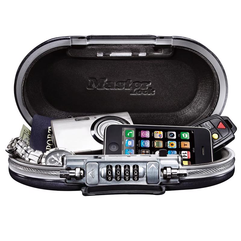 Portable Emery Jensen personal safe used for secure cash and valuables, with a compact design and locking mechanism.