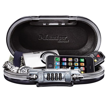 Portable Emery Jensen personal safe used for secure cash and valuables, with a compact design and locking mechanism.