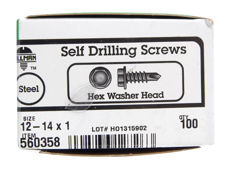 Emery Jensen self-taping screw, HWH DRL SCR 12-14x1, showing a close-up of the threaded metal screw for construction use.