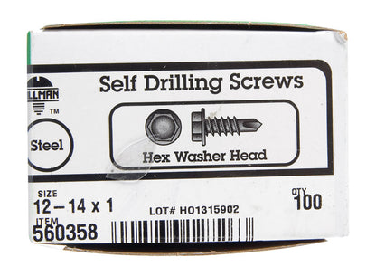 Emery Jensen self-taping screw, HWH DRL SCR 12-14x1, showing a close-up of the threaded metal screw for construction use.