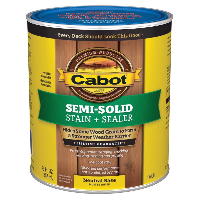 Emery Jensen semi-solid stain in NB, 29oz, shown in a pack of four containers, used for wood decking and siding.