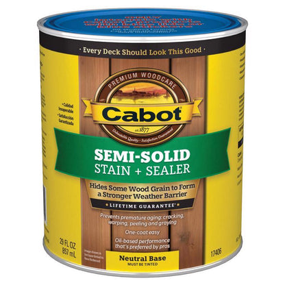 Emery Jensen semi-solid stain in NB, 29oz, shown in a pack of four containers, used for wood decking and siding.