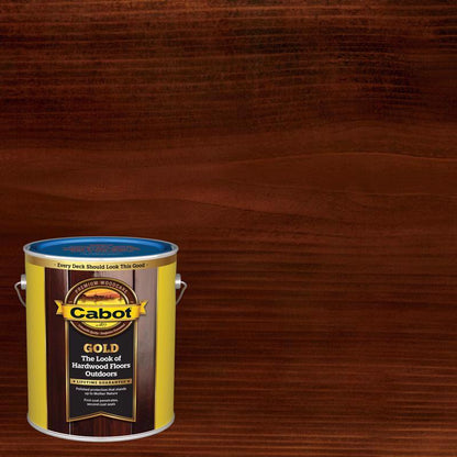 Pack of four Emery Jensen semi-transparent mahogany deck varnish 1-gallon containers for wood protection and finishing.