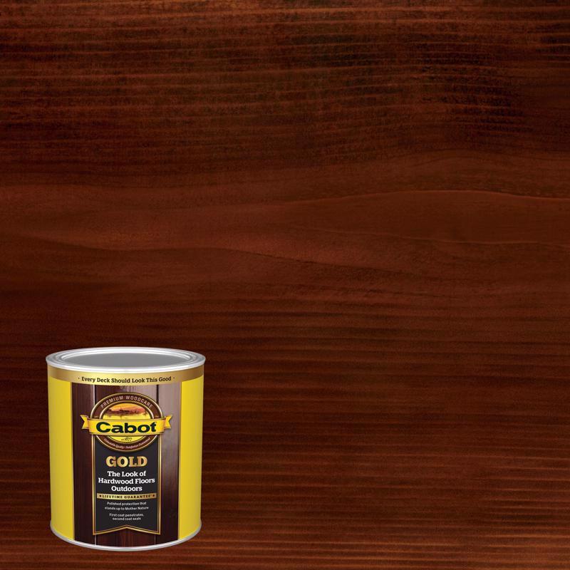 Set of four Emery Jensen semi-transparent stain deck Varnish in natural mahogany finish, shown on wood surface.