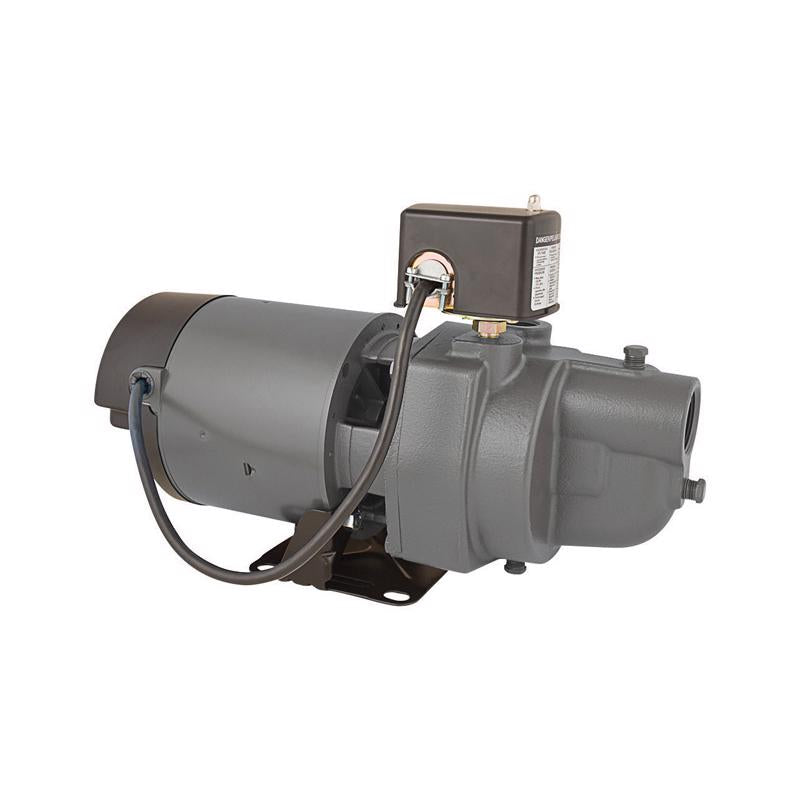 Emery Jensen 3/4HP shallow well jet pump with black motor and silver metal components, designed for residential water systems.