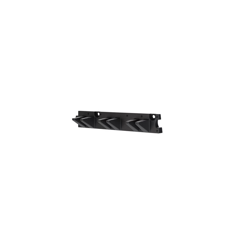 Black 25-inch resin shed hook from Emery Jensen for shed parts and accessories, shown mounted on a shed wall.