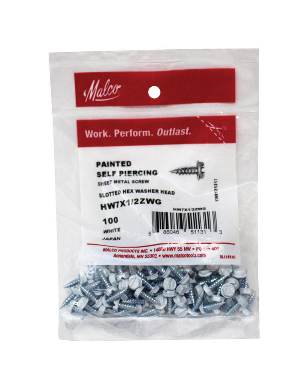 White sheet metal screws by Emery Jensen, showing close-up of the screws with sharp threads and flat heads for metal fastening.