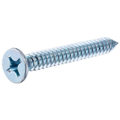 Emery Jensen sheet metal screw, 2-1/2 inch length, used for fastening metal sheets, with a flat head and sharp threading.