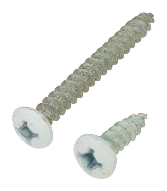 White bracket screws for shelf anchors, Emery Jensen 12-pack, used for securing shelves and pegboards.