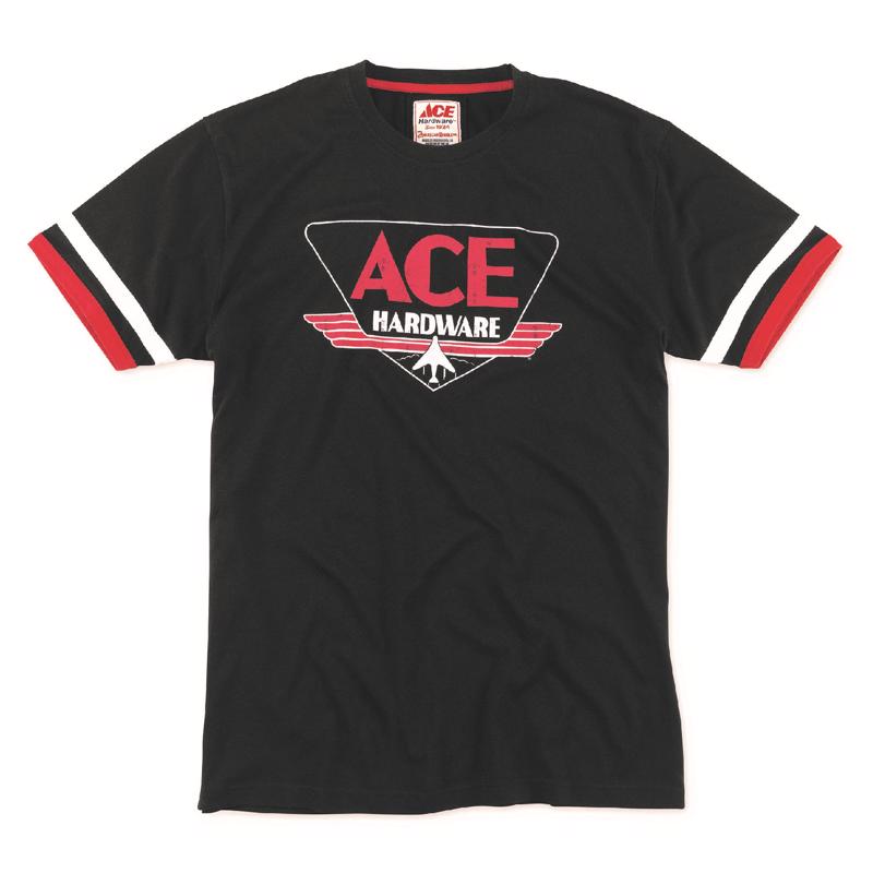 Black men's T-shirt from Emery Jensen, short sleeve, size L, casual style, displayed flat on a white background.