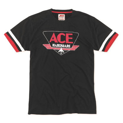Black men's T-shirt from Emery Jensen, short sleeve, size L, casual style, displayed flat on a white background.