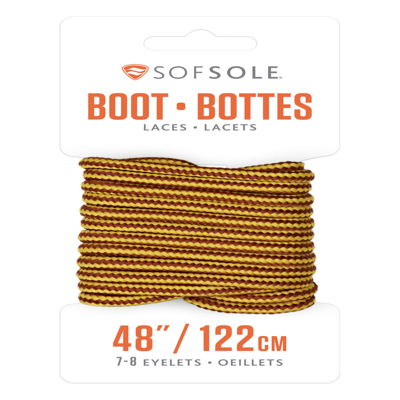 Gold and brown Emery Jensen shoe and boot laces, 48 inches long, shown threaded through eyelets on a pair of boots.