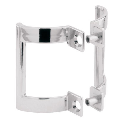 Emery Jensen 2-inch chrome shower door handle hardware installed on a glass shower door.