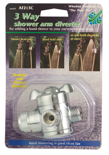 Emery Jensen 3-way shower arm diverter for shower head accessories, mounted on shower wall with hoses attached.