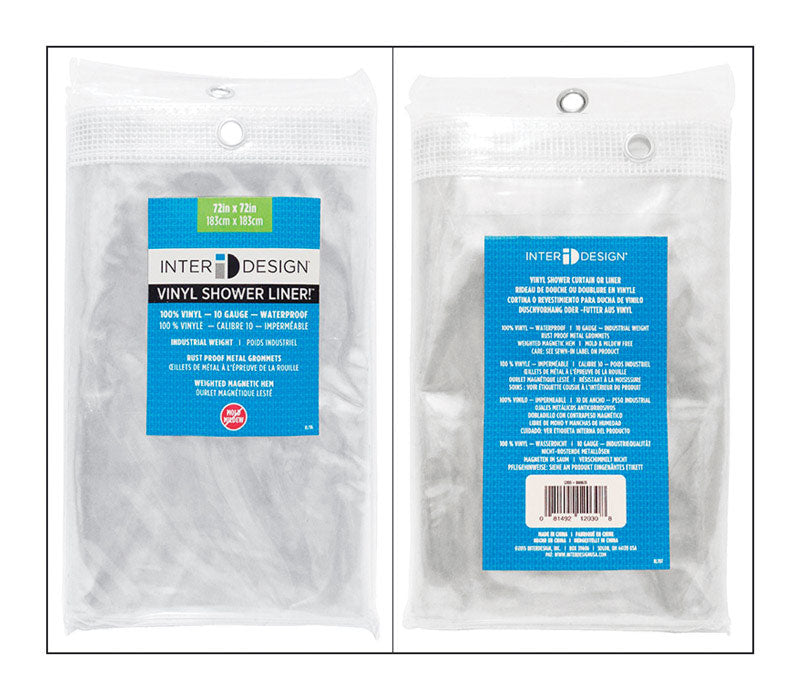 Emery Jensen 72x72-inch shower curtain liner, VNL style, hanging in a bathroom with hooks and a shower area.