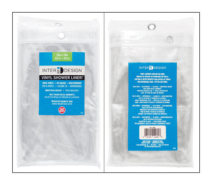 Emery Jensen 72x72-inch shower curtain liner, VNL style, hanging in a bathroom with hooks and a shower area.