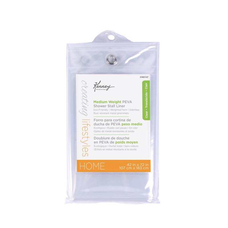 Emery Jensen 72-inch shower curtain liner hanging in a bathroom, made of water-resistant fabric with reinforced top hem.