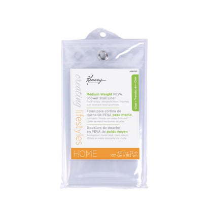 Emery Jensen 72-inch shower curtain liner hanging in a bathroom, made of water-resistant fabric with reinforced top hem.
