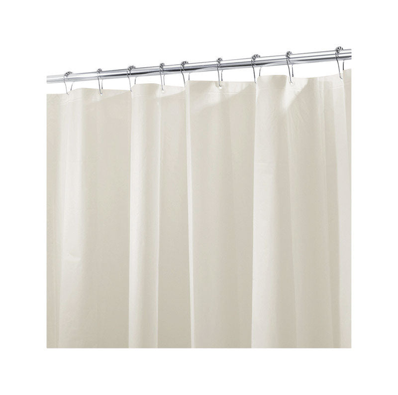 Beige Emery Jensen shower liner measuring 72x72 inches, lightweight fabric curtain for bathroom shower enclosure.